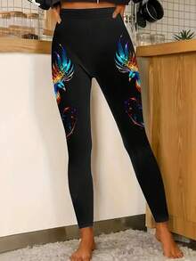 Women's High-Waisted Stretch Leggings With Phoenix Print - Turquoise/Yellow/Purple/Black//Red/White/Green - All-Season Full-Length Tight Pants For, Dance & Casual Wear - Middle Eastern-Inspired Slim-Fit Trousers - 星星 - 查看 4
