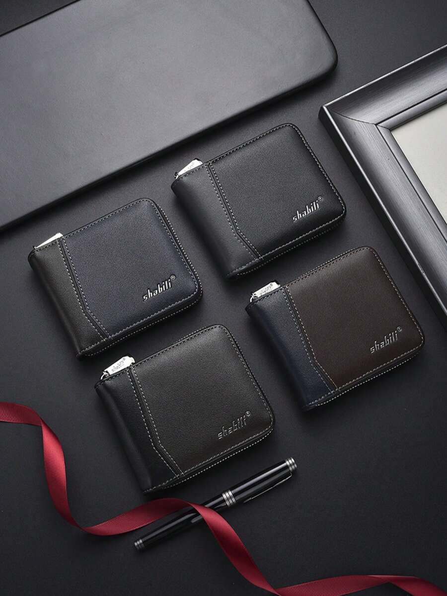 新款男士钱包，短款，休闲时尚，多功能对折，复古PU皮革拉链零钱包