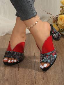 Women's Chunky Heel Open Toe High Heel Mules, Embroidered Fashion High Heel Sandals, Plus Size - Red - View 3