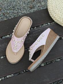 2026 New Women's Rivet Decor Sandals, Bohemian Style Fashion Wedge Heels, Summer Open Toe Slip-On High Heel Shoes, Suitable For Party, Date, Wedding And Many Occasions, Design - Baby Pink - View 7