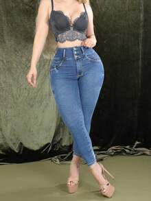 Quần jeans skinny cạp cao màu xanh nhạt, kiểu quần bút chì, dáng ôm tôn dáng, thích hợp cho mùa xuân/hè, đi nghỉ mát, du lịch, phong cách denim thường ngày, đa năng cho các buổi đi chơi. - Màu xanh lam - Xem 4