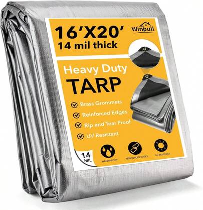 Tarp 16x20 Feet 14 Mil Heavy Duty Waterproof Tarp, Large Multipurpose Cover With Brass Grommets And Reinforced Edges, UV Resistant Thick Poly Tarps For Outdoor Camping Tent Pool Car