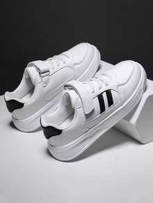 1 Pair Kids Breathable Sneakers, Black & White Sports Shoes For Students, Baby White Casual Shoes