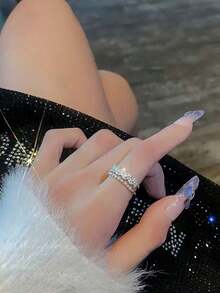2 piezas Anillos de doble capa de cobre y circonita de estilo lujoso Y2K, anillos delicados y ajustables para mujeres, accesorios minimalistas diarios de Ins - Plateado - Ver 5