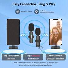 Wireless Microphone For Smartphone, Wireless Microphone Plug-And-Play For Capturing Video/Audio, Microphone For Recording/Vlogs - Black - View 2