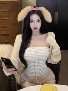 两件套性感条纹露脐吊带背心和长袖针织开衫套装，时尚设计，适合春夏穿着，新年、外出、通勤、约会皆宜。 - 杏色 - 查看 4