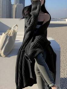 纯色前开宽松针织开衫，休闲长袖长款带口袋毛衣，女士服装，长袖上衣