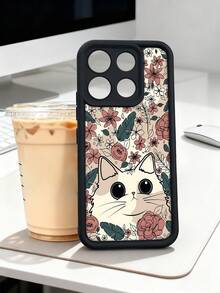 1 pieza Funda de teléfono con diseño de gato lindo rodeado de flores y hojas en estilo natural ideal para amantes de los animales y la naturaleza TPU soft case, protección completa antideslizante y anti-caída, compatible con iPhone17 ProMax/16/15/14/13/12/11/Plus/Pro/ProMax, compatible con Galaxy A34/A35/A54/A55, Galaxy S20/S21/S22/S23/S24/S25 Ultra/Plus, compatible con Galaxy/Redmi/Honor/OPPO/ViVo - Burdeos - Ver 3