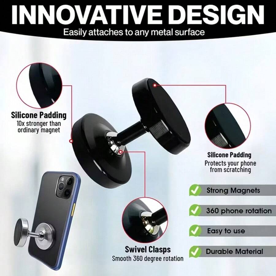 Dual Magnetic Phone Holder, Suitable For Gym - 360° Rotation, Powerful Dual-Sided Magnets, Aluminum Alloy Material, Dashboard Mounting, Home & Car Sports Equipment, Fitness Gear | Dual Magnetic | Aluminum Alloy Holder, Gym Magnetic Phone Holder, 360° Rotating Magnetic Phone Holder, Suitable For Gym, Heavy-Duty Magnetic Base Can Adhere To Iron Surfaces, Compatible With All Phones