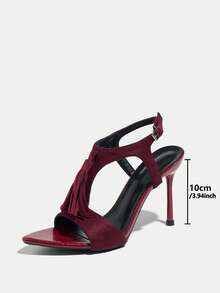 Women's High Heel Shoes, Fashionable High-End Party, Banquet, Ballroom Dancing Shoes, Pointed Toe, Tassel T-Strap, Soft Faux Suede Material, Adjustable Ankle Strap, Elegant Sexy Warm Luxurious Wine Red Heels, Suitable For Commuting, Evening Gown - Burgundy - View 4
