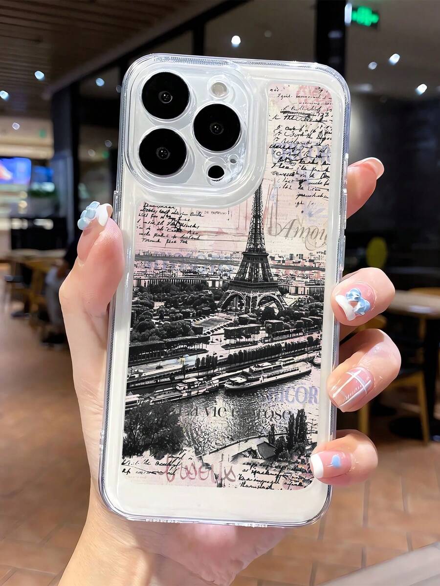 1个时尚独特的巴黎埃菲尔铁塔、报纸、字母图案透明TPU软手机壳，兼容 17/17Pro/16/16pro/16plus/15/15promax/15pro/11/12/13/14promax/12mini/13mini/11pro/11promax/12pro/12promax/13pro/13promax/14pro/14promax - 彩色 - 查看 1