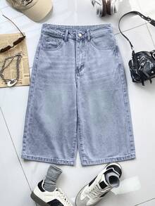 Y2K Vintage Washed Ripped Pocket Flare Leg Bermuda Denim Shorts, Y2K Street Style Casual Summer - Washed Light Blue - View 4