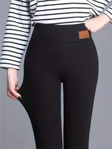 Women's Fleece-Lined Leggings - Black, High Waist, Slim Fit With Tummy-Control & Butt-Lifting, Warm Winter Bottoms For Christmas & New Year, Casual Festive Wear | Plush White Lining & Fashion Patch | Skirt-Ready Cozy Pants, Seasonal Essential - 黑色 - 查看 5