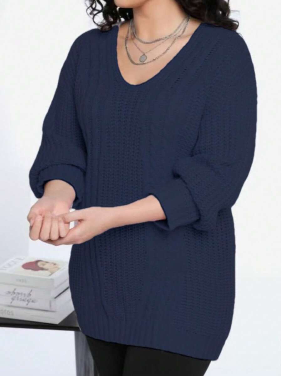 Maglione casual a maniche lunghe tinta unita, taglia comoda, adatto per autunno/inverno - Blu reale - Visualizzare 1