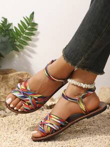 2025 Summer New Coffee Brown Woven Leather Lace-Up Flat Sandals With Buckle, Suitable For Women; Women's Ankle Strap Flat Sandals, Black Mule, Elegant Faux Suede Casual Shoes; Summer Open Toe Slides; Lace-Up Sandals; Slippers - Multicolor - View 2