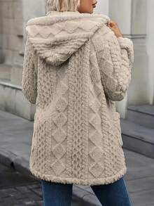 New Year Christmas Elegant Artificial Grey Fur Hooded Women's Cardigan - Long Sleeve, Pocket Button Mid Length Winter Coat, Warm And Fashionable Autumn/Winter Coat, Comfortable Clothing | Button Cardigan | Structured Design - 灰色 - 查看 2