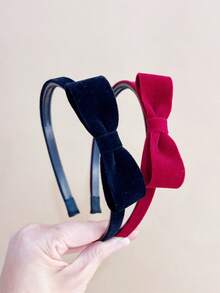 1pc Red Flocked Bow Headband Girls Hair Accessory Simple Back To School Versatile Photo Prop Decoration - Red - View 1