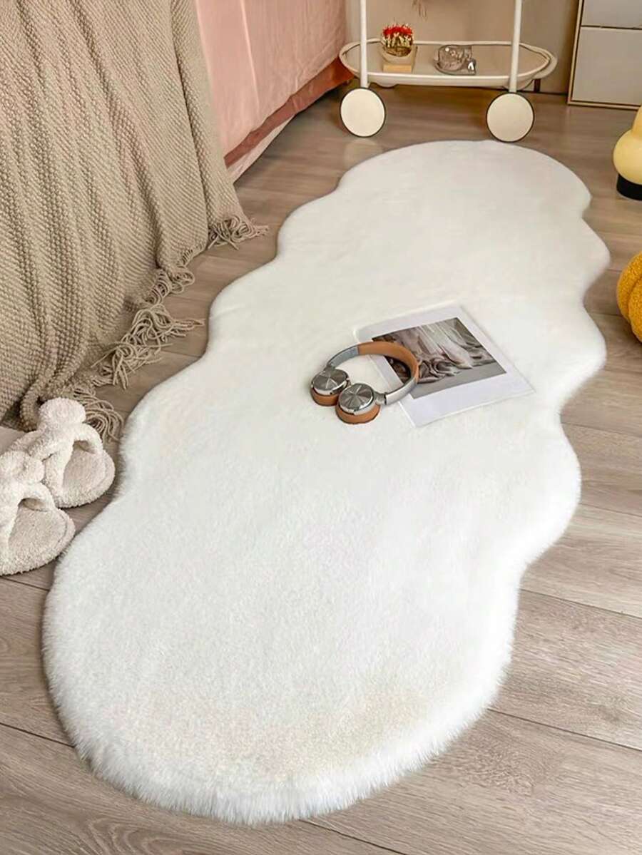 1件白色波浪纹人造毛皮柔软蓬松易清洁毛绒地毯，舒适的家居装饰地毯，适用于卧室、客厅、沙发、茶几、更衣室、榻榻米房等区域。