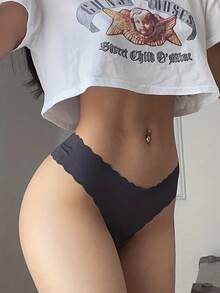 10 条装 女士丁字裤 纯色冰丝性感内裤 罗纹低腰女士内衣 带波边无痕内衣内裤，黑色 - 黑色 - 查看 2