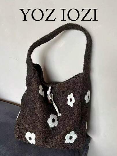 韩版小众设计毛绒花朵手提包，大容量复古时尚单肩包，适合通勤、外出、日常购物，休闲风格