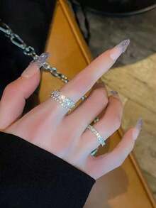 2 piezas Anillos de doble capa de cobre y circonita de estilo lujoso Y2K, anillos delicados y ajustables para mujeres, accesorios minimalistas diarios de Ins - Plateado - Ver 4