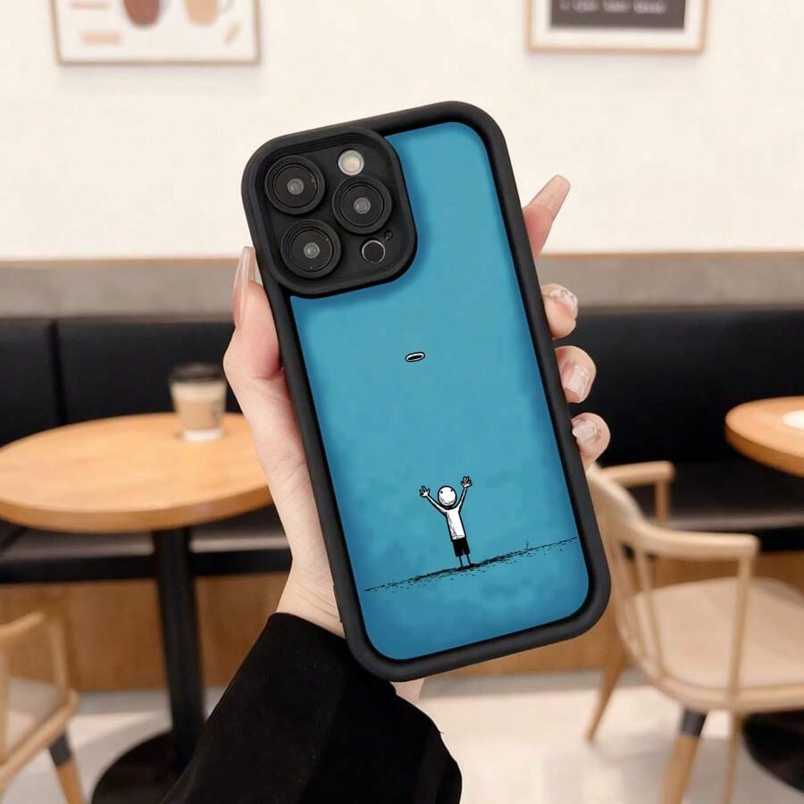 Sky Blue Protective Edge Phone Cover With Human Figure Design Celebrating On The Horizon Ideal For Daily Use In Cafes And Urban Spaces Suitable For Apple Series Phones - Black - View 1