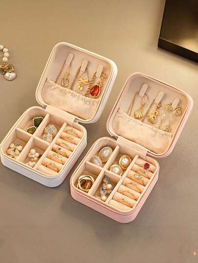 1pc Mirrored Jewelry Box, Portable Travel Zipper Jewelry Box, Simple Travel And Home Jewelry Box, Fashionable Personalized Leather Mini Jewelry Box For Earrings, Necklaces, Rings Storage, Dust-Proof Small Jewelry Storage Box, Jewelry Accessory Storage Box And Vanity Box, Perfect For Storing Rings, Pendants, Earrings, Ties, Bracelets, Great Gift For Girlfriend, Mother's Anniversary, Valentine's Day, Christmas, New Year, Men's & Women's Gifts, Room Decor