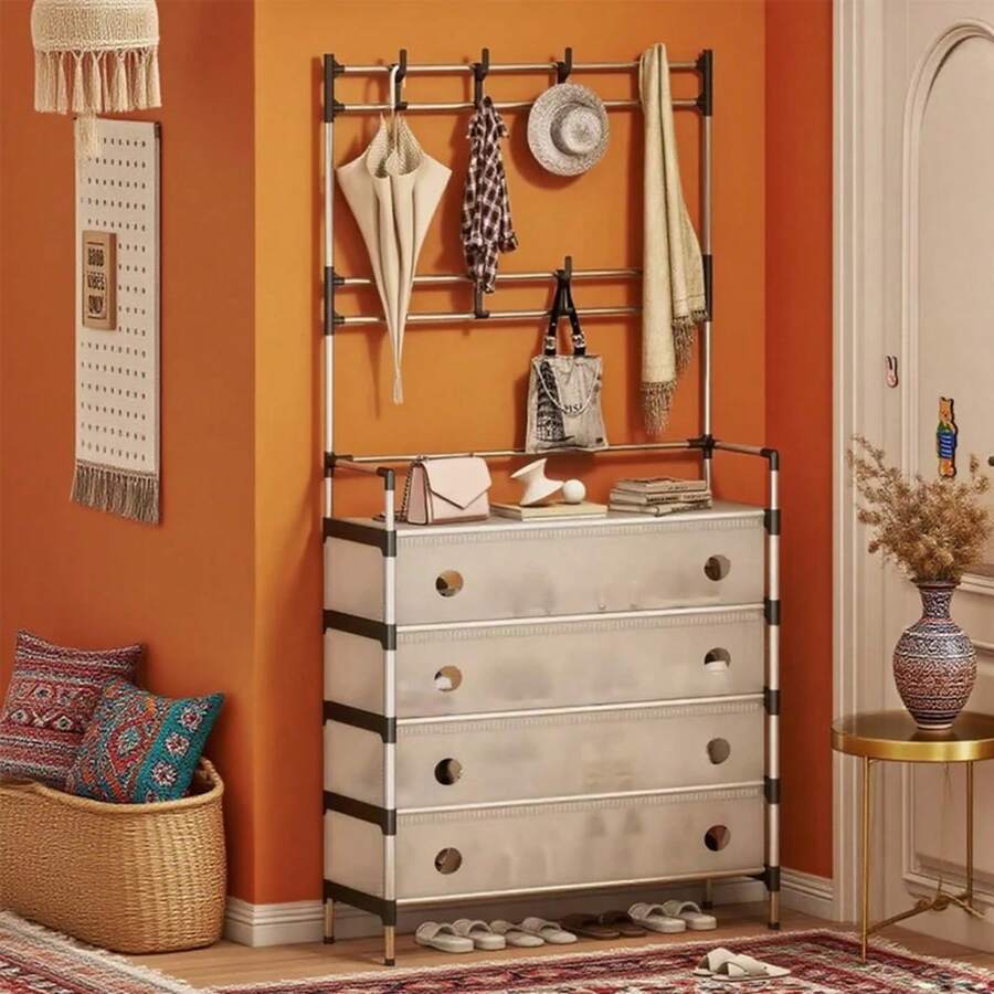 Zapatero de cinco niveles con puertas y resistente al polvo: Múltiples niveles de almacenamiento, diseño apilable individualmente, estructura metálica, 10 ganchos y un perchero/zapatero independiente. - Negro - Ver 1