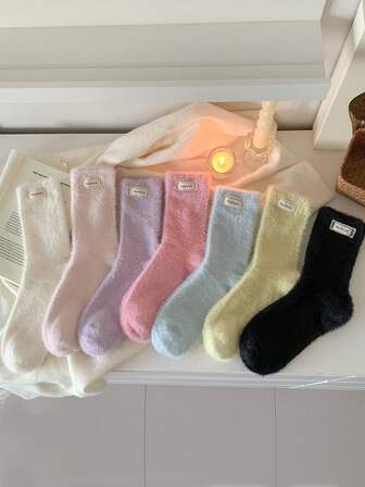 1 Pair Women's Thick Warm Fashion Label Candy Color Indoor/Casual Mid-Calf Socks, Autumn/Winter