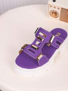 1 par de zapatillas de cuero sintético con suela gruesa para niños, de estilo minimalista y de moda, adecuadas para el verano - Morado - Ver 8