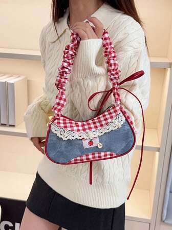 1pc Red Nylon Fabric Smooth Zipper Drawstring Strap Button Decor Fashion Versatile Casual Summer New Unique Shoulder Bag, Suitable For Women's Daily Use