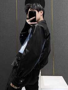 Spring And Autumn Vintage Patchwork Denim Jacket, Men's Niche Splicing Design Korean Short Jacket Casual Top - 黑色 - 查看 6