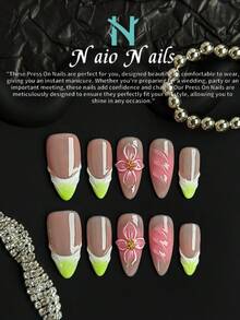 NAIO 10片/套 手工制作杏仁形Y2K坏女孩风格美甲贴片，裸色、粉色和绿色法式边饰，带有3D雕刻花朵和珠光凝胶美甲，适合派对、婚礼和日常佩戴。包含工具包，是送给女性和女孩的绝佳礼物。 - 彩色 - 查看 4