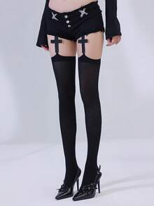 女士加大码 Y2K 过膝袜/短袜，复古叠穿腿套，怀旧针织大腿袜，千禧风格弹力袜 - 黑色 - 查看 4