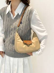 Nuova borsa a tracolla monospalla in stile patchwork per autunno/inverno, borsa a tracolla retrò a mezzaluna, borsa a mano in stile patchwork, borsa a forma di raviolo, borsa a forma di corno di bue, borsa versatile per pendolari, borsa da donna per uso esterno, borsa della spesa, borsa da portare sotto braccio, borsa a mezzaluna - Cachi - Visualizzare 4