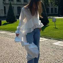 Women's Solid Color Pleated Ruffle V-Neck Asymmetric Layered Ruffle Long Sleeve Blouse White Spring - White - View 6