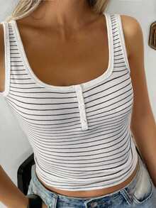 GAOVOT Women's Y2K Sexy Square Neck Button Casual Backless Contrast Stripe Crop Top, Spring/Summer