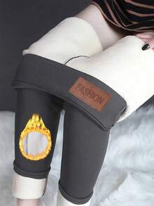 Women's Fleece-Lined Leggings - Black, High Waist, Slim Fit With Tummy-Control & Butt-Lifting, Warm Winter Bottoms For Christmas & New Year, Casual Festive Wear | Plush White Lining & Fashion Patch | Skirt-Ready Cozy Pants, Seasonal Essential - 灰色 - 查看 1