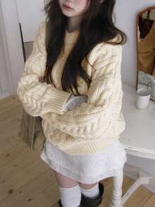 Korean Retro Niche High-End Braided Texture Wool Sweater, Slouchy Japanese Style Pullover Top - Beige - View 5