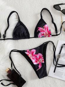 Conjunto de bikini de verano con estampado floral y tirantes finos para mujer - Negro - Ver 3