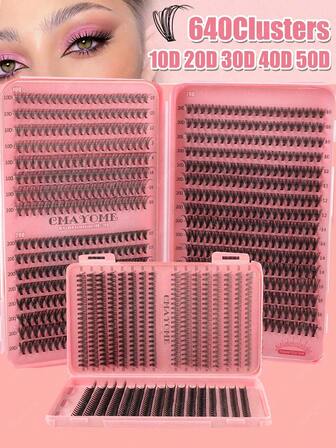 640 piezas Extensiones de pestañas individuales falsas con rizo D en un set de mezcla de longitudes de 10-16mm, pestañas falsas en racimos de gran capacidad con estilos mixtos de 10D y 20D para uso diario en casa, fáciles de usar