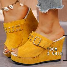 2026 New Women's Rivet Decor Sandals, Bohemian Style Fashion Wedge Heels, Summer Open Toe Slip-On High Heel Shoes, Suitable For Party, Date, Wedding And Many Occasions, Design - Yellow - View 8