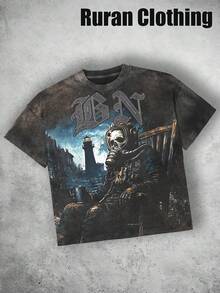 DBN With Skull Diver And Lighthouse Men's Round-Neck Pure Cotton Retro Washed Distressed Casual T-Shirt, Made Of High-Quality Cotton, Loose Fit, Suitable For Both Men And Women. - màu đen - Xem 2