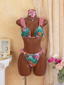 Biquíni feminino retrô com estampa floral e xadrez e babados, elegante e favorecedor, perfeito para as férias de verão. - Multicolorido - Ver 2