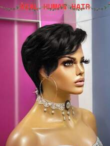T-Part Lace Front Wig, Pixie Short Hair, Human Hair Wig, Suitable For Women, Size: 13x4x1 Inches T-Part Lace Front Wig, Wine Red Color, Glueless, Suitable For Daily Wear, Gift, Instant Wear Short Human Hair Wig, 99J Color Side Bangs Short Wig - Black - View 2
