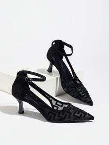 女士高跟鞋，时尚百搭镂空网眼透气尖头细高跟鞋，配踝带后系带低帮凉鞋，适合通勤和办公穿着。 - 黑色 - 查看 7