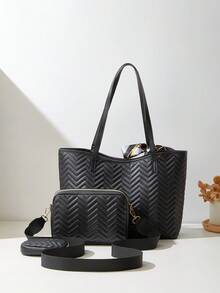 女士手提包四件套 - 托特包、单肩包、方包、绗缝包、手拿包、零钱包、丝巾包 - 黑色 - 查看 5