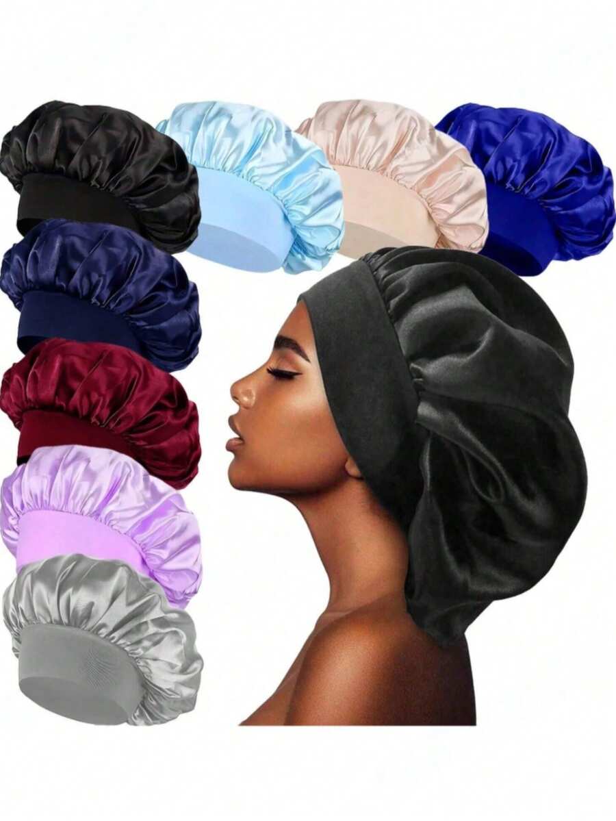 Pălării de lux din satin de mătase, format din 8 piese, culoare uni, bonete elastice pentru somn, bonete ușoare pentru îngrijirea părului, potrivite pentru purtare confortabilă toată noaptea, îngrijirea părului și duș, se potrivesc ușor scalpului și protejează părul | Pălării din satin | Bonetă de somn cu finisaj satinat neted, vară, plajă - 8buc-set3 - Vizualizare 1