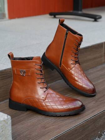 Chelsea Boots, Diamond Pattern, Business Casual PU Leather Side Zipper Boots, Outdoor, Holiday, Vacation, All Season
