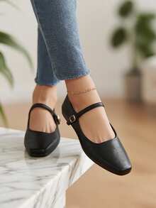 女士方头平底鞋，复古玛丽珍鞋，时尚日常通勤搭扣平底鞋，棕色/黑色，轻便舒适的芭蕾舞带乐福鞋 - 黑色 - 查看 2